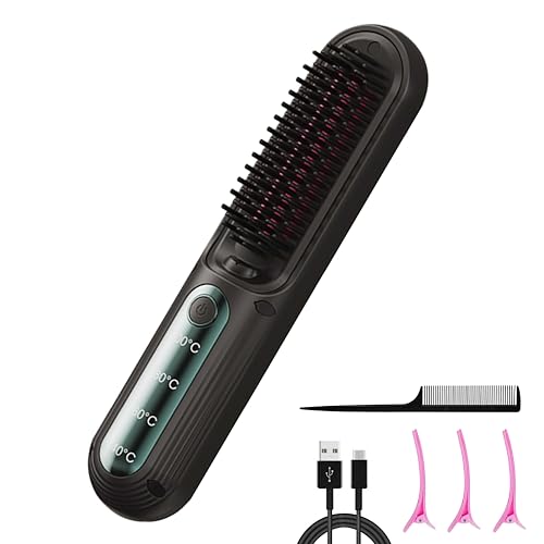 Cordless Ionic Hair Straightening Brush – Fast-Heating USB Rechargeable Hair Brush with 4 Temperature Settings for Smooth & Frizz-Free Styling