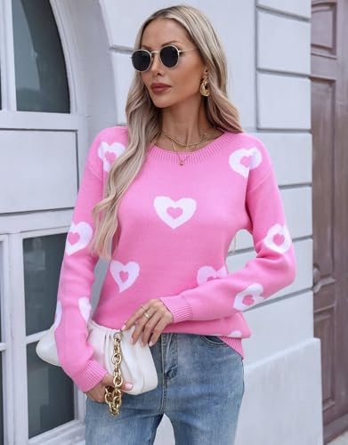 Image of Womens Cute Heart Sweater Crew Neck Long Sleeve Pullover Valentines Sweater
