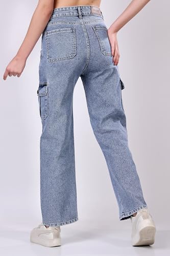 Image of London Hills Women's Relaxed Fit Mid Rise Cargo Jeans for Woman | Baggy Jeans for Woman | Baggy Pant | Cargo Pants for Women | Black | Blue | Jins | Pockets