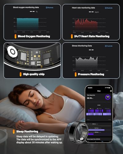 Image of Smart Ring Health Tracker with Charging Case,Sleep,Heart Rate & Blood Oxygen Monitor, 5ATM+IP68 Waterproof Fitness Ring, No Subscription,3-7Day Battery,iOS & Android Compatible for Men Women Black 9#