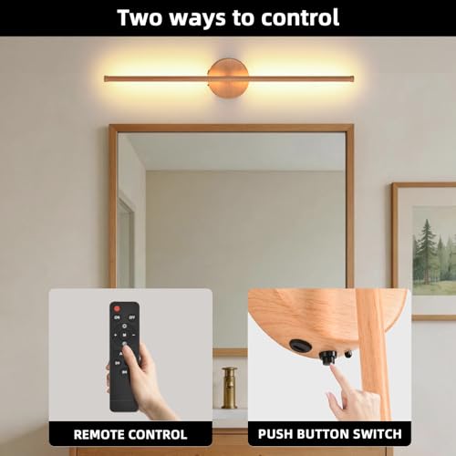 Image of Wall Sconces Battery Operated Set of Two, Faux Wood Texture Finish Wall Lights with Remote Control 350 Rotate, 27.6 Inch Dimmable USB Rechargeable Wall Lamp for Living Room Bedroom Hallway
