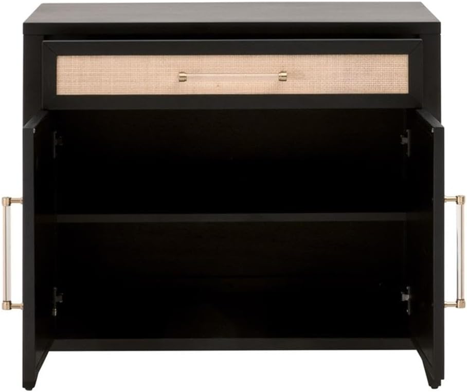 Pemberly Row Compact Wood Media Chest, 30"H x 34"W x 19"D, Brushed Black Acacia and Natural Rattan, Adjustable Shelf, Cord Management, Drawer with Brass/Acrylic Hardware, Transitional Style for Small