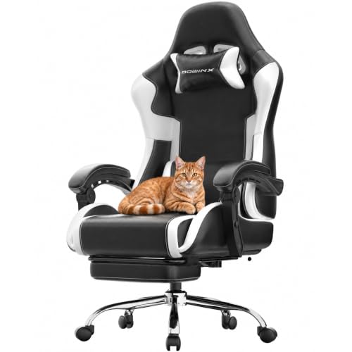 Dowinx Gaming Chair with Footrest, 330lbs Computer Chair 2D Lift Linkage Armrest, Massage Lumbar, Height Adjustable Ergonomic Comfy Video Game Chairs for Home Office Streaming, Long Gaming, White