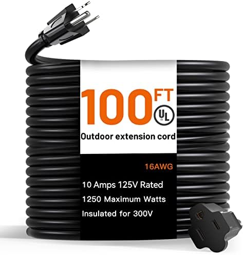 100 Feet Outdoor Extension Cord Waterproof, Black Extreme All Weather 16 Gauge Extensions Cord with Covers, Flexible 100% Copper 3 Prong Extension Cord for Lawn, Garage, UL Listed