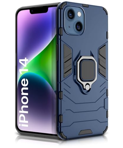 Image of WOW IMAGINE Shock Proof Back Case Mobile Cover for Apple iPhone 14 | Back Cover Case (Tough Armor | Hybrid PC + TPU | Ring Holder & in-Built Kickstand | Blue)