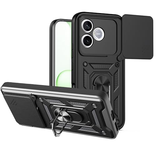 Image of Casodon Shockproof Back Case Cover for Honor 600 Lite 5G, Shockproof Honor 600 Lite Back Cover, Ring Case with Kickstand and Camera Protection Shutter - Black