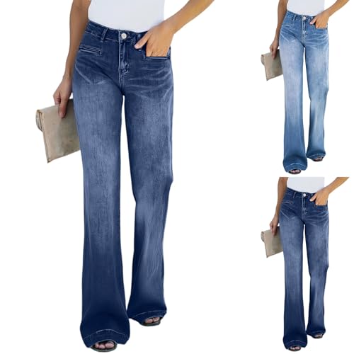 Bell Bottom Jeans for Women Mid Rise Distressed Stretchy Bootcut Jeans with Pockets Casual Flare Wide Leg Denim Pants