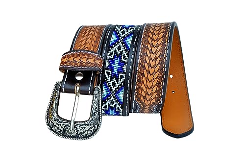 Western Genuine Leather Beaded Belt Tooled Basket Weave Beaded Belt for Men and Women 30AB0074