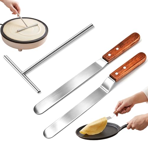 DASHUI Crepes Verteiler Set 3-teilig 1 Teigverteiler + 2 Spatel aus Edelstahl für Crêpes Pfannkuchen & Wraps Küchenhelfer zum Backen und Kochen robust & langlebig