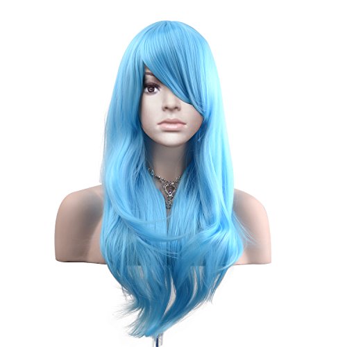 MeriCino Wigs 28’’ Long Wavy Curly Wig Heat Resistant Cosplay Wig with Free Wig Cap for Women(Pastel Blue)