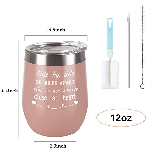 Side By Side or Miles Apart Friends Are Always Close at Heart Wine Tumbler with Lid and Straw, 12 Oz Stainless Steel Insulated Wine Tumbler Idea for Friends Girlfriend Coworker, Blush Gold - Thumbnail 6