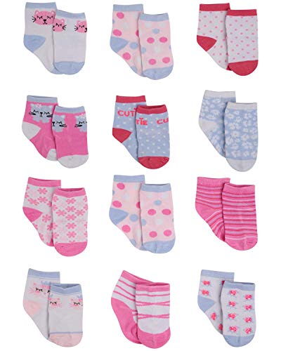 Rising Star Baby Girls Assorted Color Designs 12 Pair Socks Set, Age 0-24 Months (12-24 Months, Kitty Design Collection)