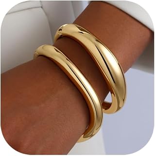 AYWFCBF 2pcs 14K Gold Plated Chunky Hinged Bangle Bracelets for Women - Trendy Stackable Wide Cuff Arm Jewelry