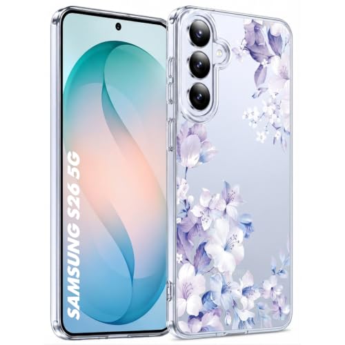 Image of Elzzi Clear Transparent Flower Cover for Samsung S26 5g Case Shockproof Floral Design Camera Protection Shockproof PC+TPU Transparent Flower Cover for Girls & Women (Purple)