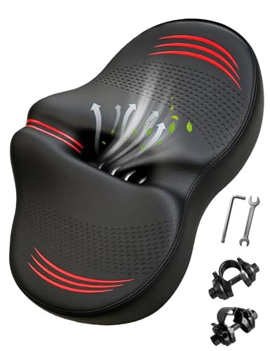 Noseless Oversized Bike Seat Replacement NEW Comfortable Extra Wide 13.6 Padded Bicycle Seat Cushion for Men and Women Comfort Bike Saddle for Peloton Bike Exercise Cruiser Mountain Bikes (Red)