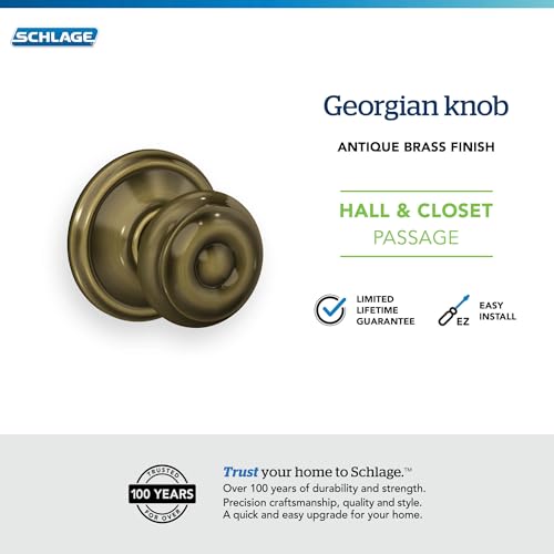Image of Schlage F10 V GEO 609 Georgian Door Knob, Hall & Closet Passage Lock, Antique Brass