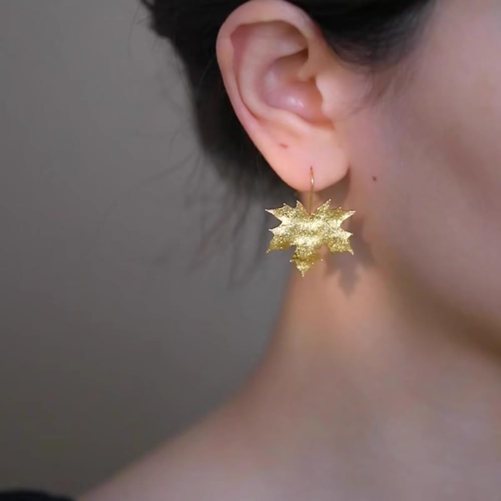Gold Maple Leaf Dangle Earrings for Women 18K Gold Plated Dainty Hammered Autumn Fall Statement Charms Drop Fish Hook Dangling Earring Vintage Holiday Festival Accessories Jewelry Gifts - Image 2