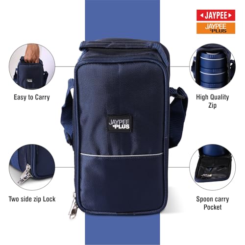 Image of Jaypee Plus Snackpac Airtight Leakproof Container 1300 ml Lunch Box with Bag for School, Office, Ideal for Snacks and Meal, Keeps Food Hot & Fresh Inner Stainless Steel Easy to Carry Handle, Blue