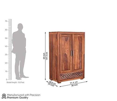 Image of Sheesham Wood Wooden 2 Door Wardrobe Organizer for Clothes | - Solid Wood Almirah with 1 Drawers, 1 Shelves - with Hanging Space Cupboard for Large Bedroom (Design 11)