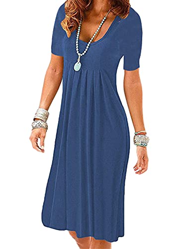 OMZIN Damen Blumenkleid Knielang Sommerkleider Kurzarm Blümchenkleid Jerseykleid Floral Sommer Jersey Rundhals Dunkel Blue XL