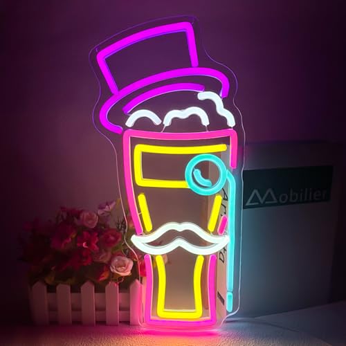 Image of BEER Neon Sign for Wall Decor, Gentleman Neon Bar Signs for Home Bar Pub Party Man Cave Club, Neon Beer Light with Dimmable, Beer Signs Decoration USB Powered with Switch