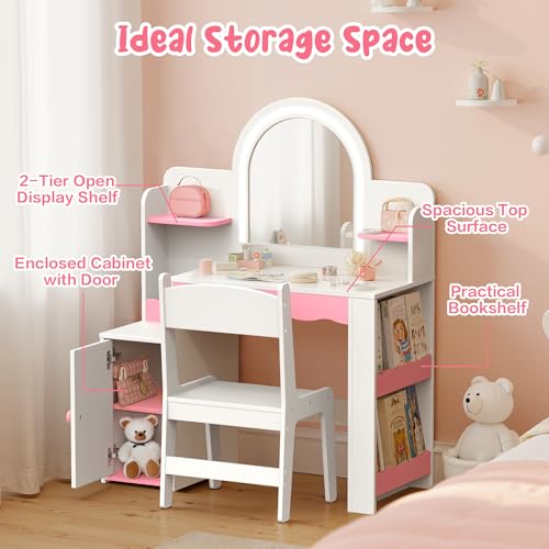 Image of Kids Vanity with Lights and Chair Set, Princess Vanity Table for Girls, Toddler Makeup Vanity with LED Mirror and Open Storage Shelves, White Pink Furniture for Bedroom Playroom