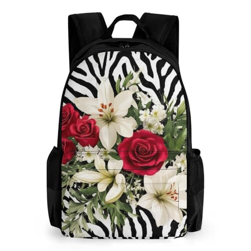Supdreamc Cheetah Leopard Zebra Print Floral Black And White Rucksacks Lightweight Multipurpose Anti-Theft Shoulder Bag Big Capacity Traveling & Camping Backpack With Side Pockets