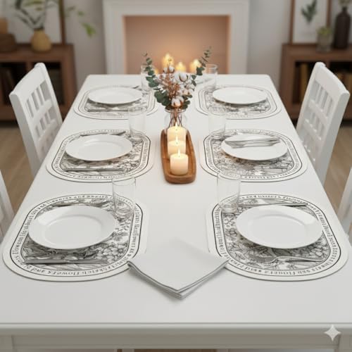 Image of Yelona White Oval Leather Placemat | Waterproof, Heat Resistant | Easy Clean Dining Table Mat Faux Leather Vintage Floral Print (Dense Forest, Pack of 6)