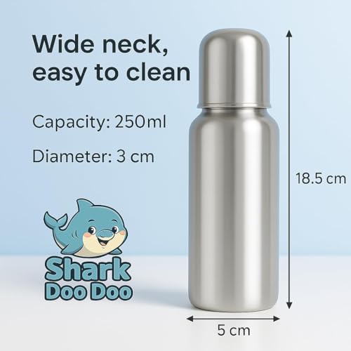 Image of Shark Doo Doo Stainless Steel Bottle for Babies (0-12 Months) - 250ml with Silicone Cleaning Brush (Combo Pack) | BPA Free (SS 6in1 Combo Green)