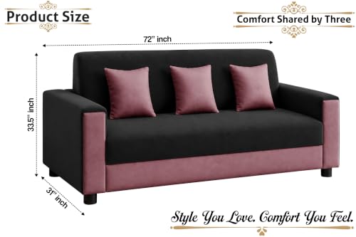 Image of Modern 3 Seater Sofa | Contemporary Upholstered Couch | Premium Cushioned Seating | Stylish Armrest Design | Comfortable Sofa for Living Room, Bedroom & Office - Black + Rose Pink Color