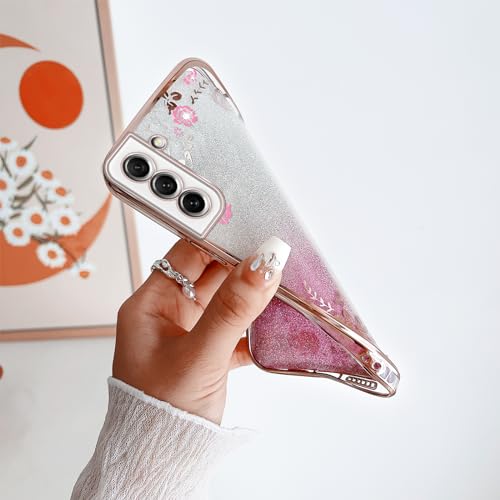 Image of for Samsung Galaxy S21 FE Case for Women Gradual Change Glitter Crystal Soft TPU Stylish Butterfly Floral Heart Clear Protective Cover with Strap for Samsung S21 FE (Rose Gold)