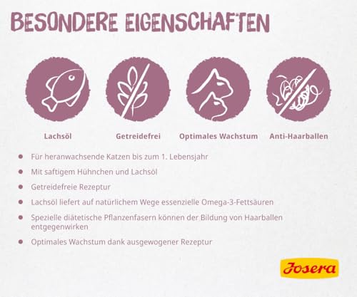 JOSERA Nassfutter Kitten Chicken (12 x 85 g) | Kitten | Premium Katzenfutter nass für wachsende Katzen | Huhn & Kürbis | mit Lachsöl | getreidefrei | Anti-Haarballen | Alleinfutter | 12er Pack