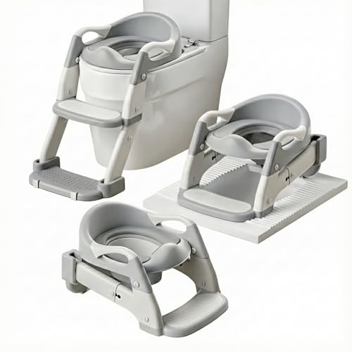 Image of Western Toilet Potty Seat For Kids, Baby Potty Training Seat Chair With Ladder, Adjustable Step Height, Cushion Seat | Kids Toilet Seat | Potty Seat For 1-8 Years Child Boys Girls (MNPL3 GREY)