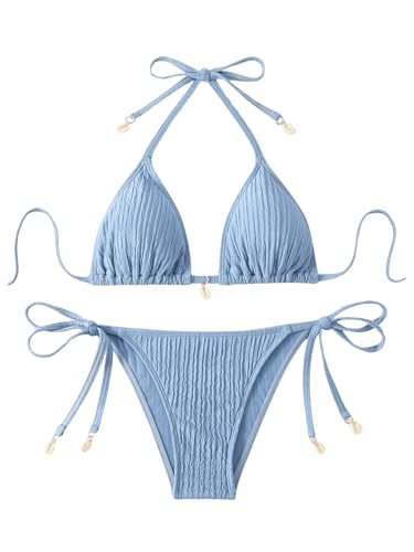 GORGLITTER Women's Textured Halter Triangle Bikini Sets String Tie Side Bottom 2 Piece Swimsuits Plain Shell Decor Beachwear Blue S