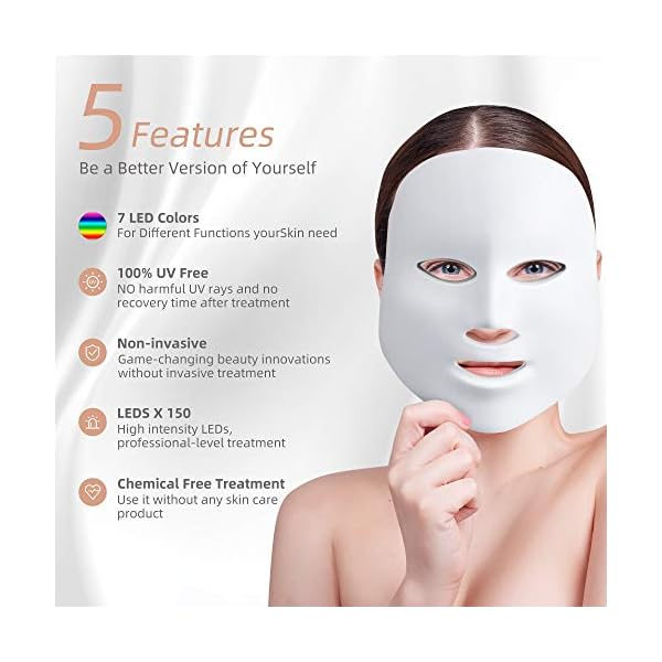 AMZGIRL LED Mask Light Therapy| 7 Color Skin Rejuvenation Therapy LED Photon Mask Light Facial Skin Care Anti Aging Skin Tightening Wrinkles Toning Mask Home Light Therapy Facial Care Mask Daily Care