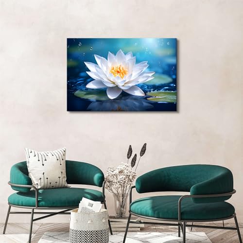 Image of Large Wall Art White Blossom Lotus Flower Wall Decor for Bathroom Blue Relax Meditation Zen Yoga Room Decorations 32x48 inch Nature Flower on Water Pictures Canvas Prints Spiritual Painting Framed Artwork