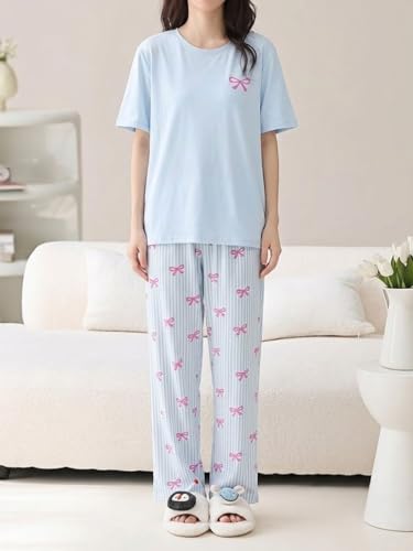 Image of SHIENZY Women Korean Style Night Suit | Round Neck Short Sleeve Cute Printed Cotton Pajama Set for Girls & Women | Soft Nightwear, Loungewear, Sleepwear for Women | Full Pyjama Set | Co-ord Set