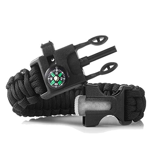 P-51 Black Paracord Bracelet - Ferro Rod Fire Starter with Scraper Tool - Emergency Whistle & Compass (Black)