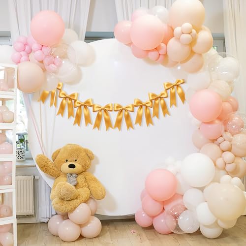 Image of 2 Strings of 16PCS Golden Bow Garlands Banner Decoration,Pre-Strung Satin Ribbon Ornaments for Birthday,Bachelorette Party,Bridal Shower,Wedding,Engagement,Baby Shower,Graduation Decor,Anniversary