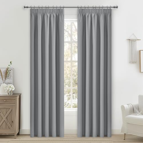 MRTREES Blackout Curtains 90 Inch Drop, Light Grey Pencil Pleat Thermal Curtains for Bedroom and Living Room Soft Fabric, 2 Panels Window Treatments 117x228 CM 46x90 Inch Light Grey