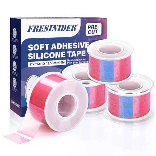 FRESINIDER Silicone Tape 1" x 5 Yard Pink 4 Rolls for Sensitive Skin, Pre-Cut Waterproof Medical Tape, Gentle Adhesive for Wound Care, Surgical Sites, Infants and Elderly