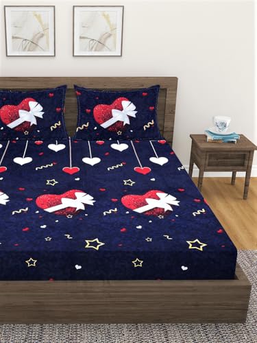 Image of Fashion String Microfibre Navy Blue Corner Elastic Fitted Double Bedsheet (72x78 Inches) with 2 Pillow Covers
