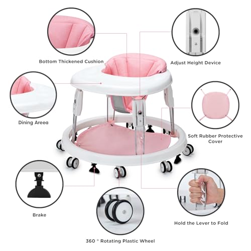 Image of Baby Walker with Wheels, One-Touch Folding Baby Walkers with Height Adjustment, Large Dinner Plate and Brake, Portable Walker for Baby Boy Girls 6-18 Months, Light Pink