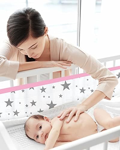 WYSWYG Cot Bumper with Breathable Mesh, 2 PCS Baby Cot Bumpers Anti-Crash Cot Liner, Fits Full Size 4 Panel Cot (Pink)