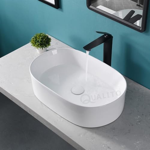Image of QUALITO Table Top Wash Basin for Bathroom, Living Room, Hall, Dinning Room | Countertop /Over Counter Ceramic Vessel Sink /Basin | Glossy Finish Table Top Wash Basin (White, 20x13x5 Inch)