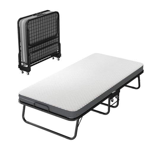 JHYCCDD Cama plegable de 90 x 200 cm con 4 ruedas, cama de metal con colchón de espuma viscoelástica de 10 cm, cama plegable hasta 150 kg, marco de cama con ruedas protectoras para el polvo, color