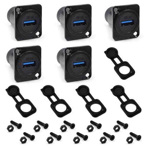 Itvexeme 5PCS USB 3.0 Panel Mount Connector IP67 USB Pass Through Connector Female to Female Socket for Audio Video Data Transfer/Charging with Weatherproof Dust Cap