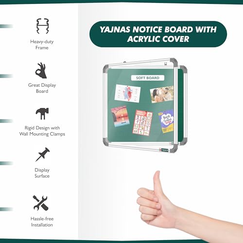 Image of YAJNAS 2x2 Feet Premium Material Green Designed Notice Board with Acrylic Door /Soft Board /Bulletin Board /Pin-up Display Board for Study Room, Office, School & Home Use
