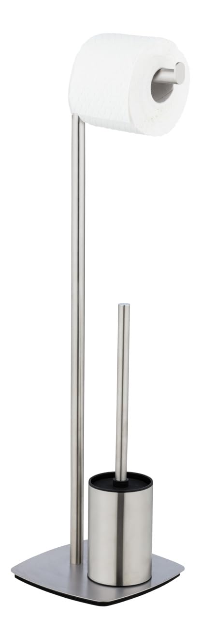 WENKO Stand WC-Garnitur Mod. Iria Toilettenbürste mit Toilettenpapierhalter freistehend für Gäste-WC aus Edelstahl mit Silikonbürste Klobürste rostfrei schwere Bodenplatte 23x72x20 cm satiniert matt