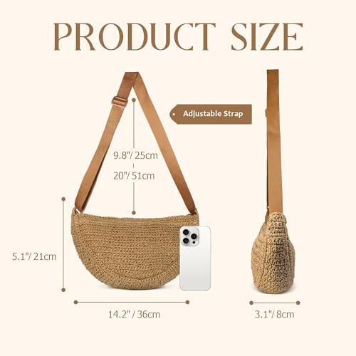 Straw Crossbody Bag for Women Summer Woven Beach Handbag Crescent Shoulder Purses with Adjustable Strap 20252